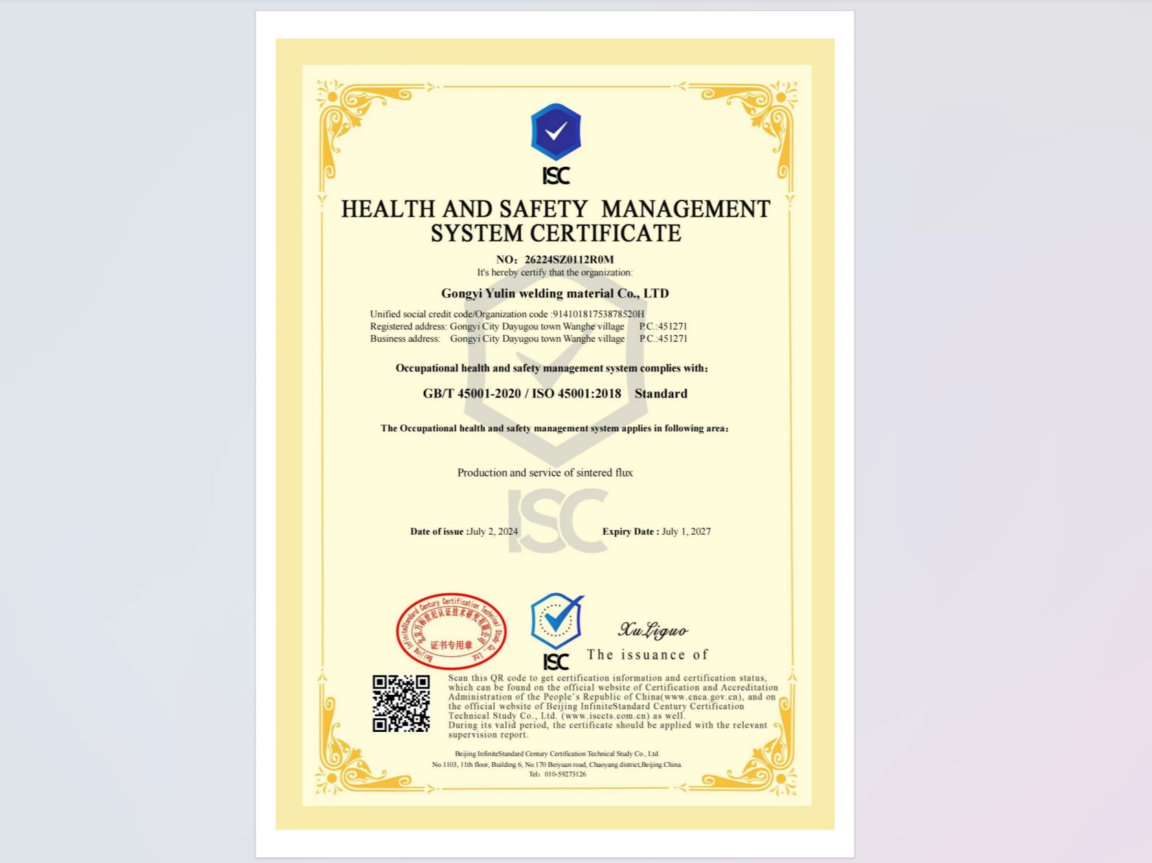 ISO 45001 Occupational Health and Safety Certificate